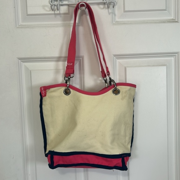 Thirty-One Canvas Pink Navy Cream Shoulder Bag - Picture 4 of 8